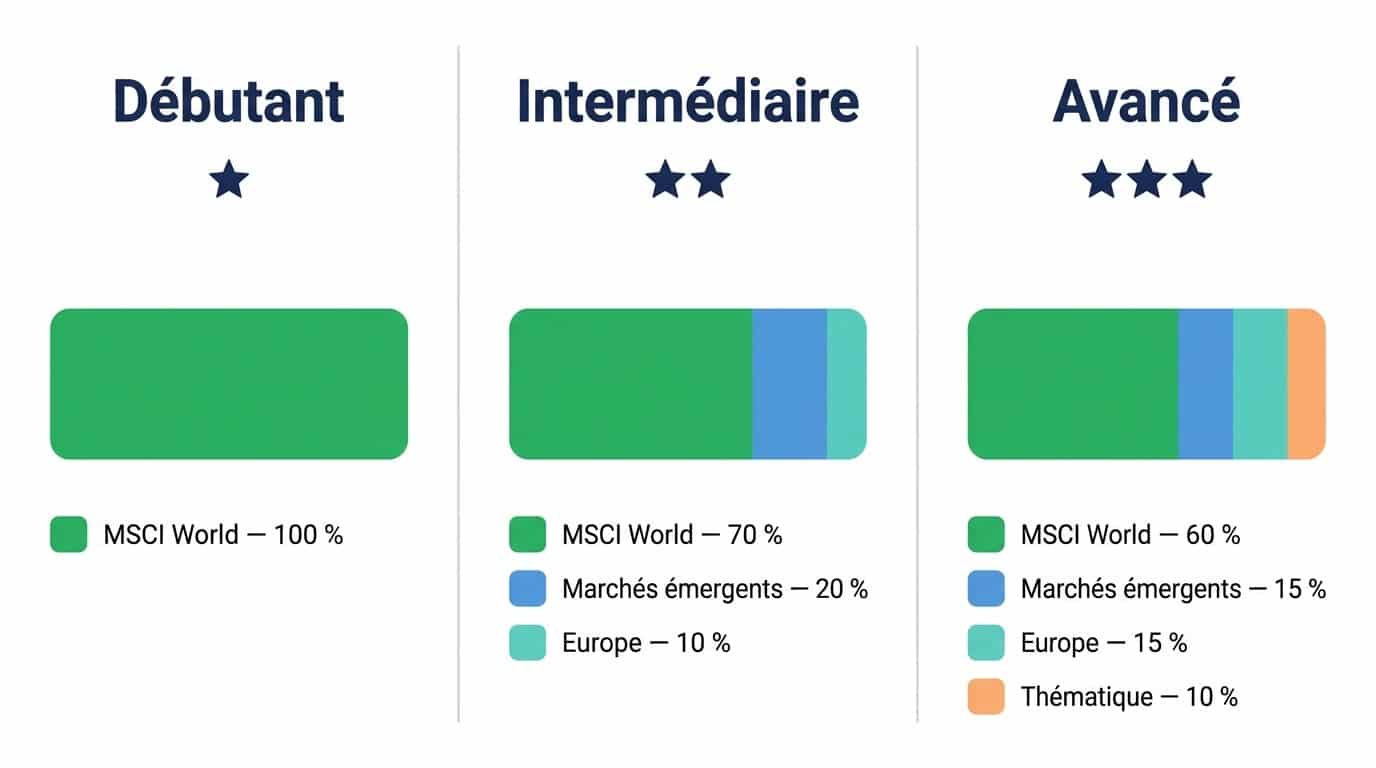 Comparaison portefeuille ETF débutant - Intermédiaire - Confirmé