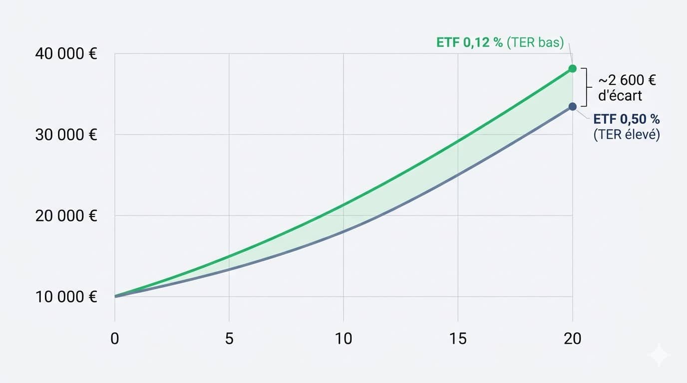 Graphique montrant la différence, pour un même ETF, mais avec des frais différents