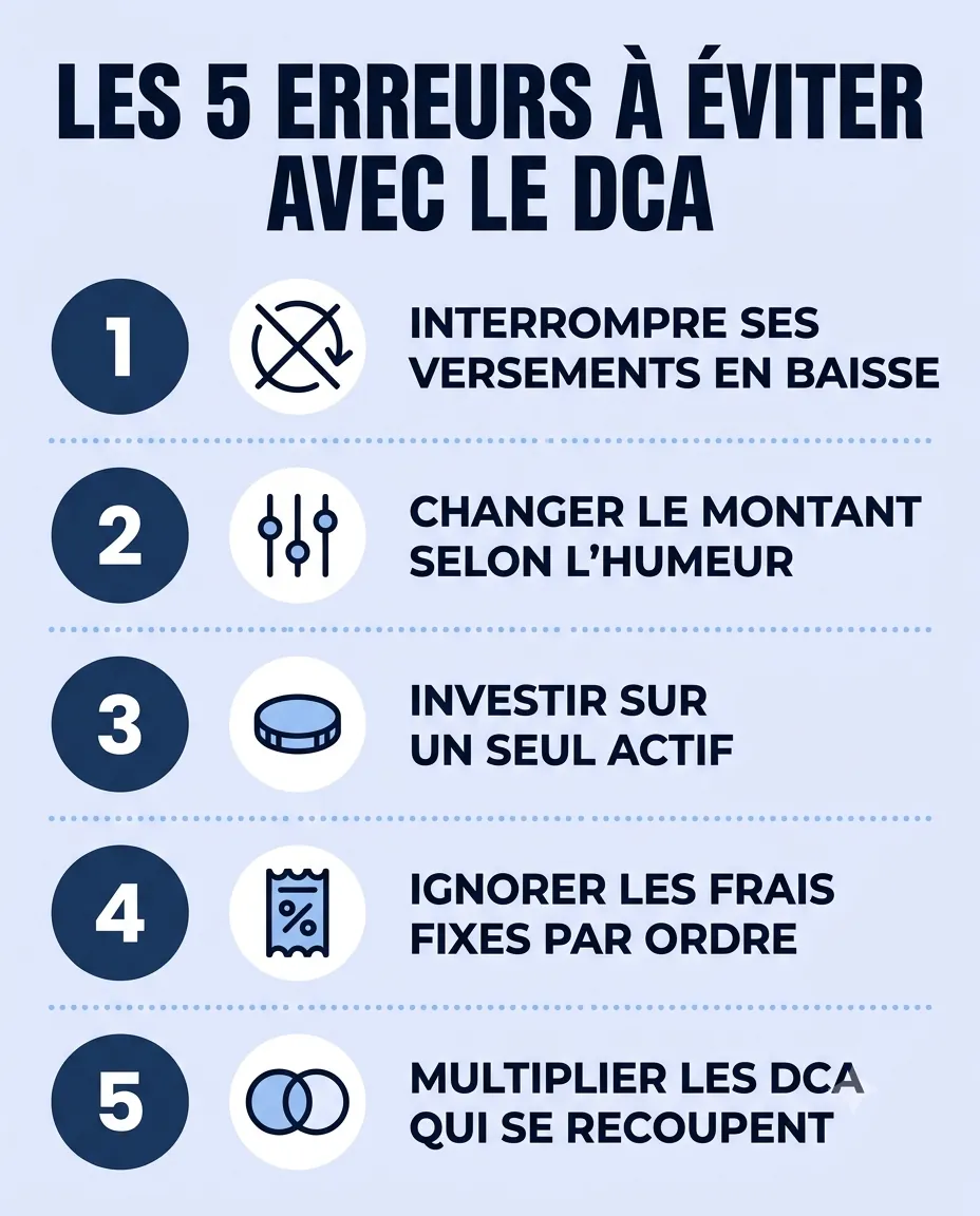 Infographie des 5 erreurs à éviter avec le DCA en bourse