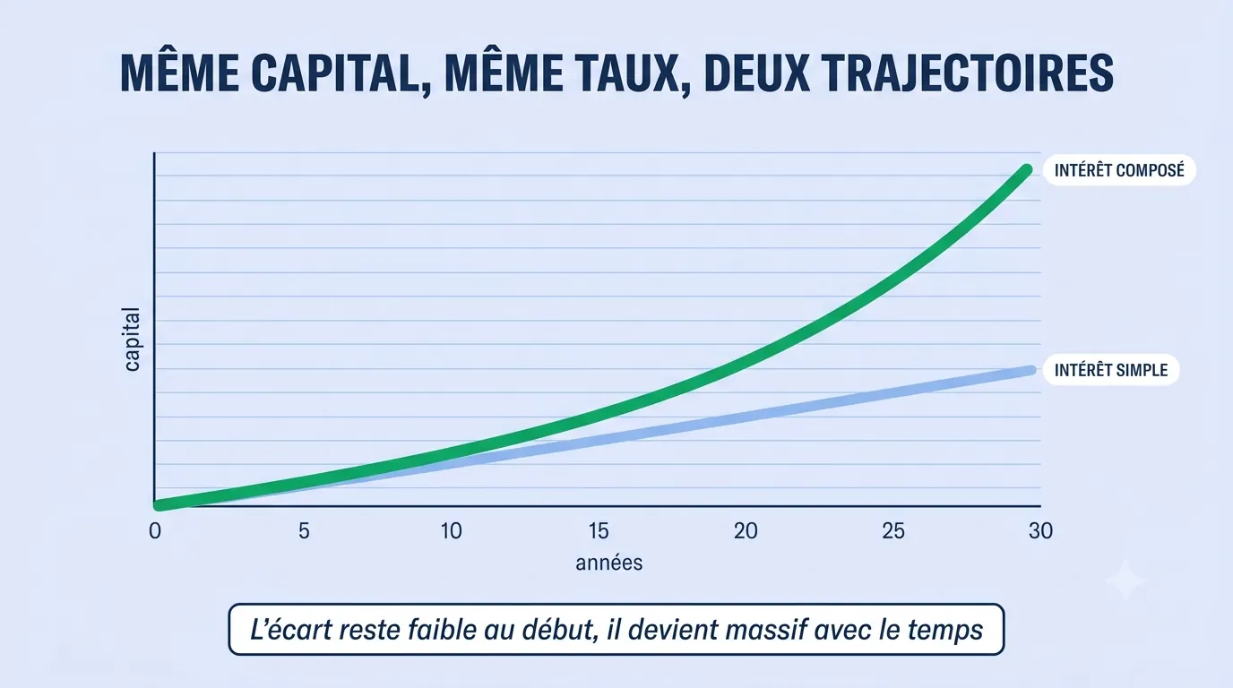 Comparaison entre intérêt simple (droite) et intérêt composé (courbe exponentielle) sur 30 ans