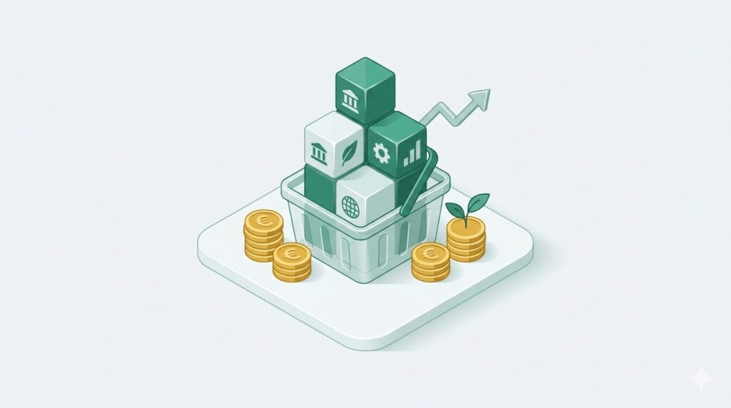 Illustration expliquant ce qu'est un ETF : un panier diversifié d'actions
